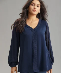 V Neck Guipure Lace Lantern Sleeve Blouse