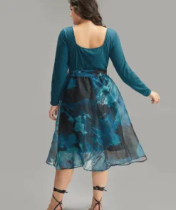 Floral Square Neck Mesh Patchwork Belted Ruched Dress -Clothing Shop 919534118 bg