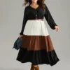 Colorblock Patchwork Lantern Sleeve Button Detail Dress -Clothing Shop 919719781 mf