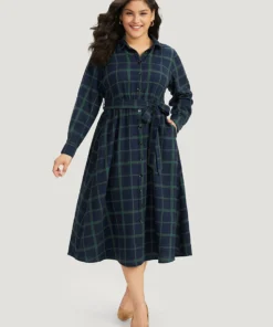 Plaid Shirt Collar Button Fly Belted Dress -Clothing Shop 919838885 eg