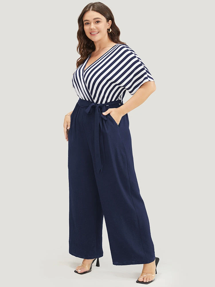 Striped Patchwork Pocket Batwing Sleeve Belted Wrap Jumpsuit 6 Striped Patchwork Pocket Batwing Sleeve Belted Wrap Jumpsuit - Image 4