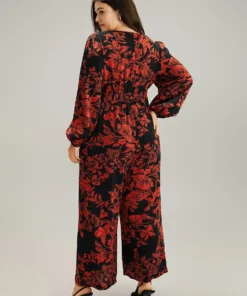 Silhouette Floral Print Notched Shirred Jumpsuit -Clothing Shop 920410256 dk