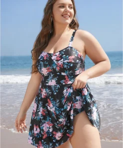 Floral Print Crossover A Line Ruffle Hem Swim Dress -Clothing Shop 920480142 tw