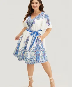 Bandana Button Detail Pocket Belt Knee Dress -Clothing Shop 921295070 ov