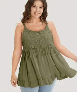 Plain Contrast Lace Ruffle Hem Cami Top 30 Plain Contrast Lace Ruffle Hem Cami Top -Clothing Shop 921392542 oo