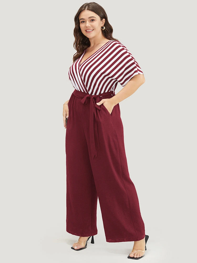 Striped Patchwork Pocket Batwing Sleeve Belted Wrap Jumpsuit 22 Striped Patchwork Pocket Batwing Sleeve Belted Wrap Jumpsuit - Image 20