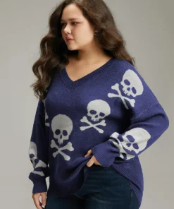 Supersoft Essentials Halloween Skull Print V Neck Pullover -Clothing Shop 922358951 hw 4779eb08 7842 4a62 b0ad 2cf8f14d13ad