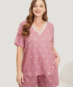 Polka Dot V Neck Lace Trim Sleep Top