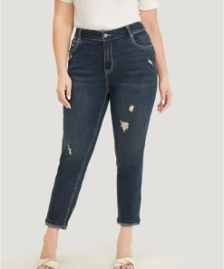 Very Stretchy High Rise Dark Wash Distressed Stitch Jeans -Clothing Shop 922472220 ue