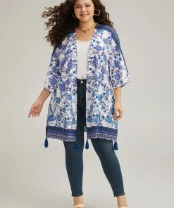 Floral Print Tassels Trim Split Side Kimono -Clothing Shop 924100581 vc 4ec91395 55ce 43ff a14f 28bdcadde6cd