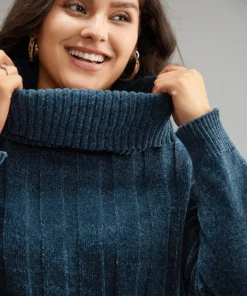 Turtle Neck Plain Rib Knit Pullover -Clothing Shop 924573015 ty