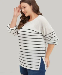 Striped Split Side Lightweight Elastic Cuffs Pullover -Clothing Shop 925085203 sb