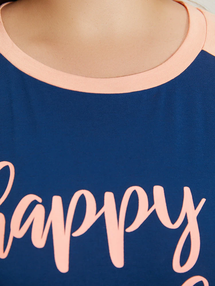 Letter Print Contrast Raglan Sleeve Patchwork Night Dress 7 Letter Print Contrast Raglan Sleeve Patchwork Night Dress - Image 5