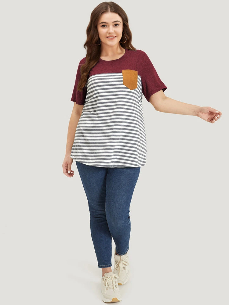 Striped Patchwork Round Neck Patched Pocket T-shirt 22 Striped Patchwork Round Neck Patched Pocket T-shirt - Image 20