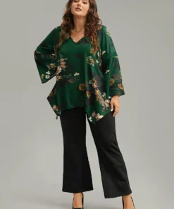 Floral Lace Panel V Neck Hanky Hem Blouse -Clothing Shop 92556372 ow