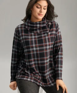 Plaid Funnel Neck Button Detail T-shirt -Clothing Shop 925578649 la