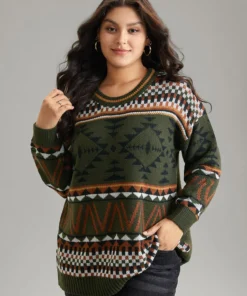 Geometric Contrast Crew Neck Drop Shoulder Pullover