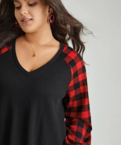 Waffle Knit Plaid Patchwork Raglan Sleeve T-shirt -Clothing Shop 927500493 hp