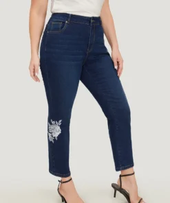 Floral Embroidered Very Stretchy High Rise Jeans -Clothing Shop 927643054 ns