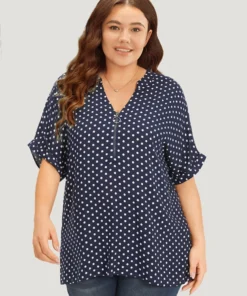 Polka Dot Zipper Notched Dolman Sleeve Blouse -Clothing Shop 92841354 sa