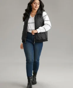 Plain Quilted O Ring Zipper Sleeveless Vest -Clothing Shop 928524544 qs