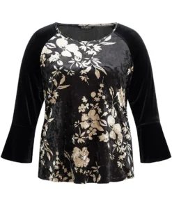 Velvet Floral Patchwork Raglan Sleeve T-shirt -Clothing Shop 929970496 wl