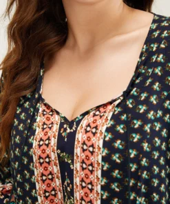 Bandana Print Lantern Sleeve Tassels Tie Neck Blouse -Clothing Shop 930622189 py