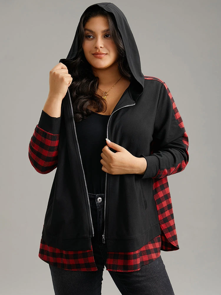 Plaid Patchwork Zipper Hooded Asymmetrical Hem Jacket 3 Plaid Patchwork Zipper Hooded Asymmetrical Hem Jacket