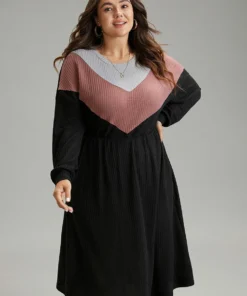Colorblock Waffle Knit Pocket Drop Shoulder Dress -Clothing Shop 93138593 ft