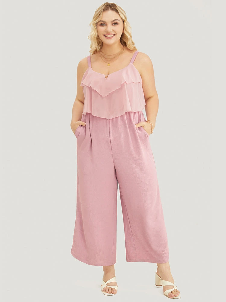 Solid Ruffle Trim Pocket Split Hem Keyhole Cami Jumpsuit 5 Solid Ruffle Trim Pocket Split Hem Keyhole Cami Jumpsuit - Image 3
