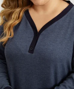 V Neck Button Up Contrast Elastic Cuffs Pocket T-shirt -Clothing Shop 932439850 yx