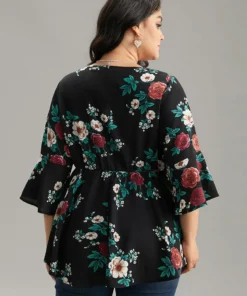 Floral Knot Twist Front Ruffle Sleeve Blouse -Clothing Shop 932821495 sz