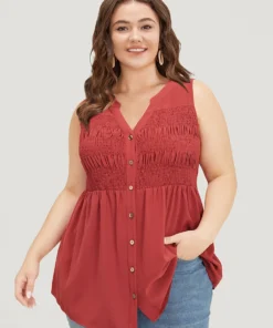 Plain Notched Neck Shirred Tank Top