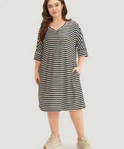 Supersoft Essentials Striped Pocket Crew Neck Batwing Sleeve Dress -Clothing Shop 933526241 xs