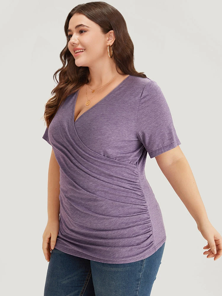 Solid Heather Overlap Collar Gathered T-shirt 5 Solid Heather Overlap Collar Gathered T-shirt - Image 3