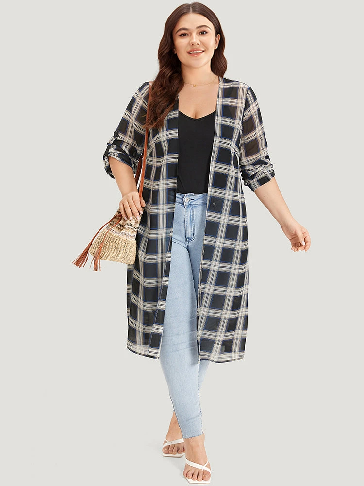 Plaid Pocket Open Front Roll Tab Sleeve Kimono 4 Plaid Pocket Open Front Roll Tab Sleeve Kimono - Image 2