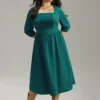 Anti-Wrinkle Square Neck Pleated Gathered Dress