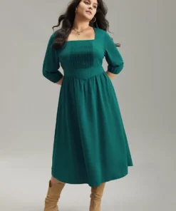 Anti-Wrinkle Square Neck Pleated Gathered Dress