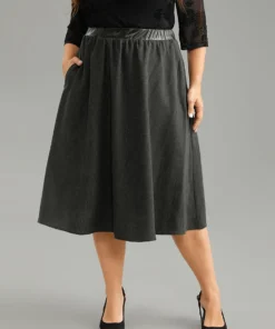 Solid PU Patchwork Pocket Elastic Waist Skirt