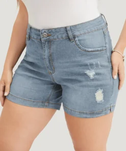 Moderately Stretchy High Rise Dark Wash Distressed Denim Shorts -Clothing Shop 935298637 bl 0767f56d d6ba 4110 b171 eb392b6f2e70