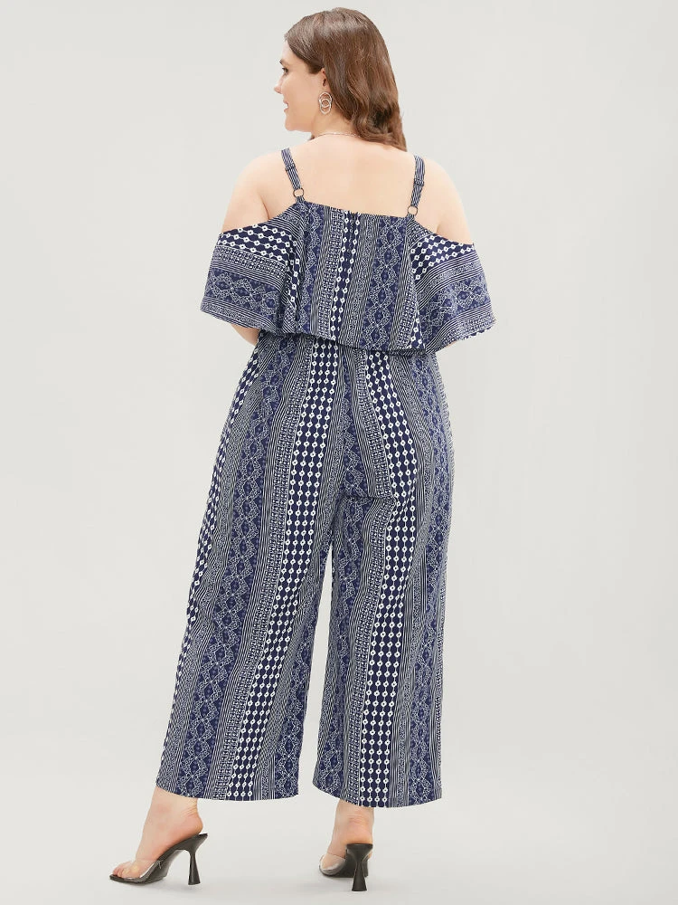 Striped Geometric Pocket Ruffles Cold Shoulder Jumpsuit 9 Striped Geometric Pocket Ruffles Cold Shoulder Jumpsuit - Image 7