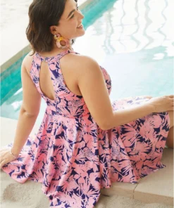 Plant Print Hanky Hem Cut Out Halter Neck Swim Dress 16 Plant Print Hanky Hem Cut Out Halter Neck Swim Dress -Clothing Shop 935440334 rt