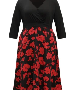 Silhouette Floral Print Patchwork Surplice Neck Dress -Clothing Shop 93591788 du