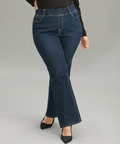 Solid Elastic Waist Pocket Full Length Jeans -Clothing Shop 936227940 op