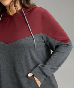 Contrast Patchwork Hooded Pocket Drawstring Sweatshirt -Clothing Shop 936765428 rk