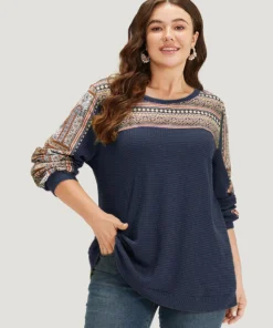 Boho Print Patchwork Waffle Knit Crew Neck Sweatshirt -Clothing Shop 938953610 zq eb4d9ab1 5a81 4f83 99d7 334f02d74702