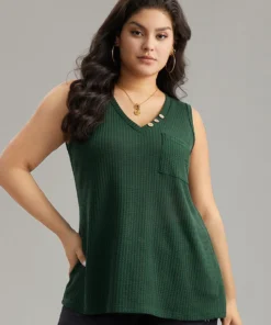 Waffle Knit V Neck Button Detail Cami Top