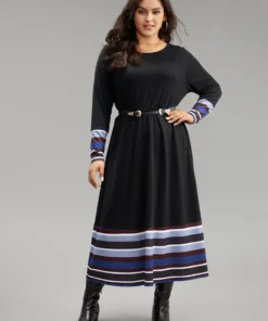 Striped Patchwork Contrast Crew Neck Dress