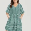 Striped Geo Patchwork Pocket Bell Sleeve Dress -Clothing Shop 939898085 uw