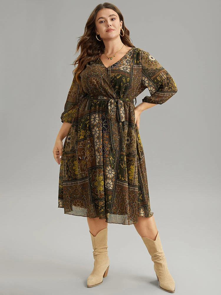 Boho Print Wrap Elastic Waist Belted Dress 6 Boho Print Wrap Elastic Waist Belted Dress - Image 4